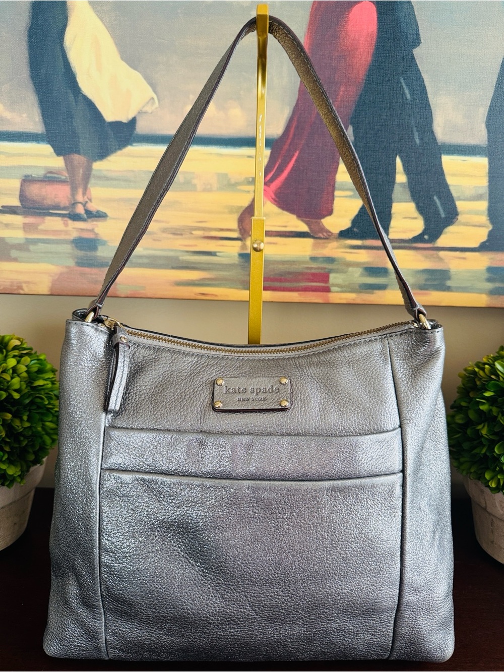 KATE SPADE♠️New York VINTAGE🩶METALLIC SILVER💜LEATHER SHOULDER BAG🌟PRE-LOVED🌟